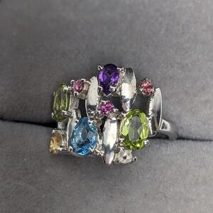Sterling Silver Multicolour Gemstone Ring 2.65ct Rhodium Plated Size 5 New